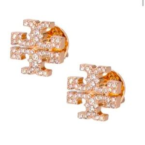 Tory Burch rose gold kira pavé logo stud earrings